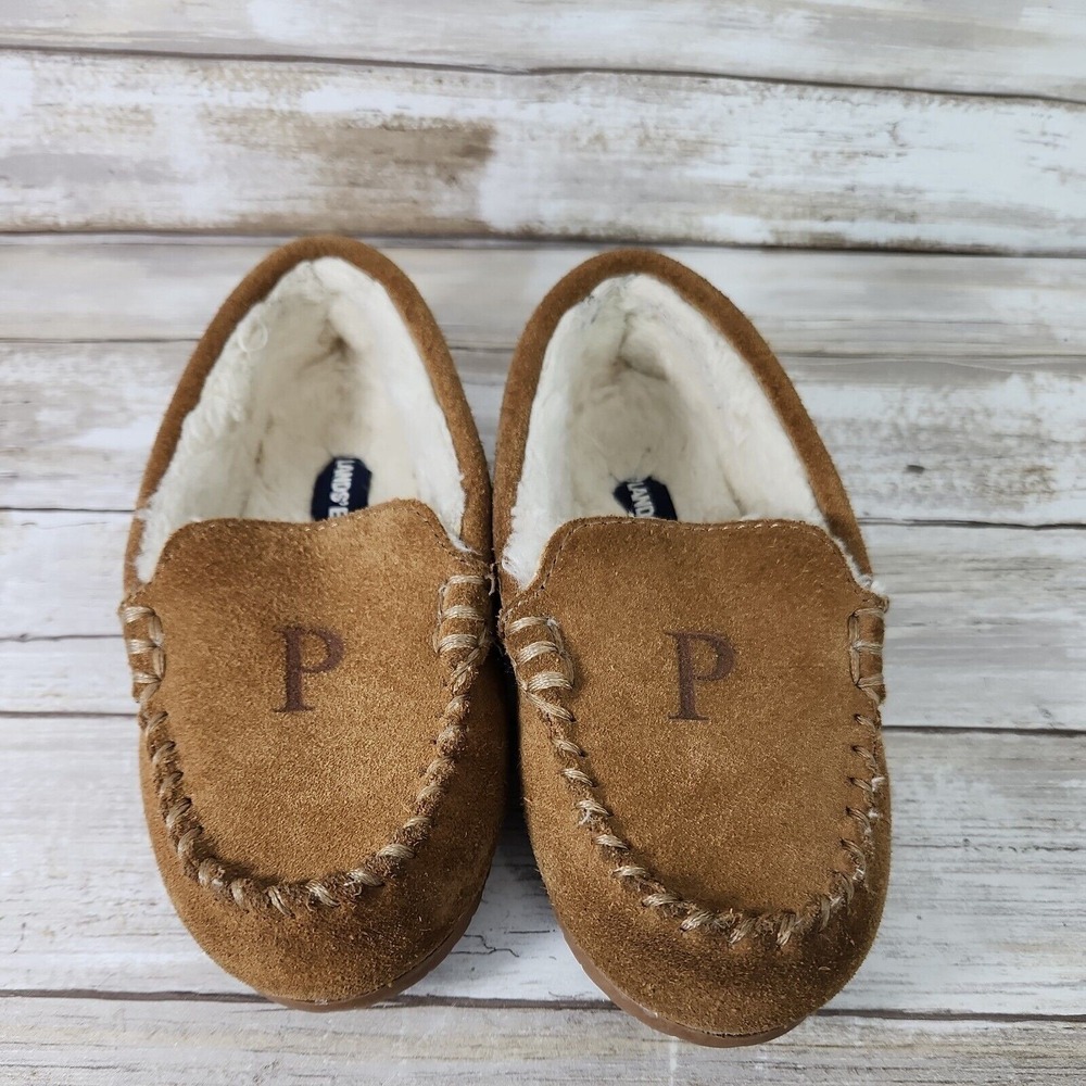 Lands' End Suede Moccasin Slippers Kids Size 11 Brown Faux Fur Monogram P Cozy